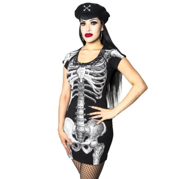 NWT Skeleton Tunic Dress Bodycon Stretchy Plus Size 3X Black White Halloween - Picture 1 of 5